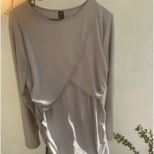 Plus size grey ruched, midi, body con dress with sleeves.